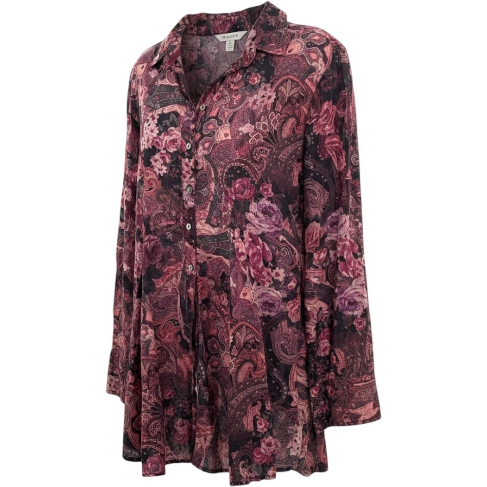 Cino Womens Medium Pink Purple Paisley Floral Crinkle Button Down Tunic Blouse - Picture 1 of 11